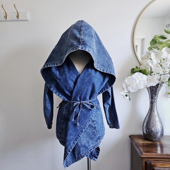 90s Madein Dark Wash Denim Avant Garde Dramatic Shawl Collar Hooded Wrap Jacket - Picture 12 of 16